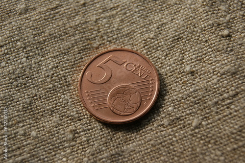 5 euro cents on linen fabric. European proof coin.