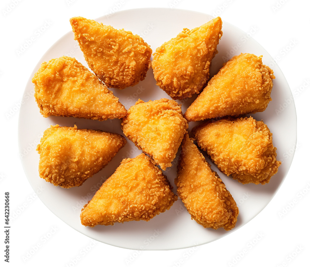 Triangle Shaped Chicken Nuggets on a Plate Isolated Transparent Background Junk Food Snack Top View Flat Lay Triangle Shaped Chicken Nuggets on a Plate Isolated Transparent Background Junk Food Snack Top View Flat Lay