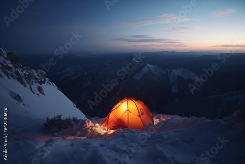 Find solitude and peace in a tent under the starry sky on a quiet winter night. Explore the wilderness. AI Generative