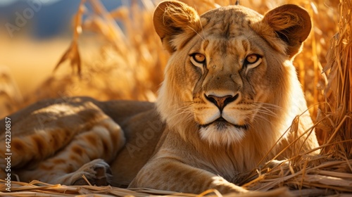 Majesty of a lioness resting in the golden savannah grass, with a backdrop of acacia trees and the African wilderness. Generative Ai