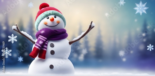 Snowman on the snow abstract background. Christmas themed. Abstract holiday background. Christmas concept with copy space for you design. © 360VP