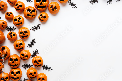 Halloween holiday concept - bats and small orange pumpkins on white background, top view, copy space.