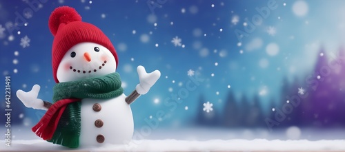 Snowman on the snow abstract background. Christmas themed. Abstract holiday background. Christmas concept with copy space for you design. © 360VP