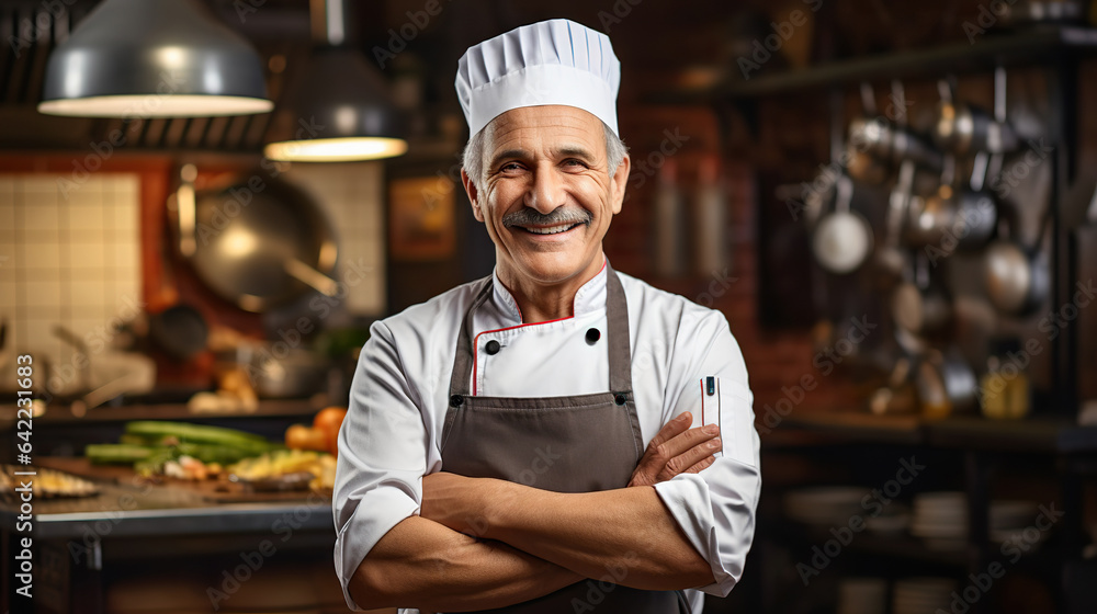 Middle-aged chef cook on blurred background of restaurant. Copy space