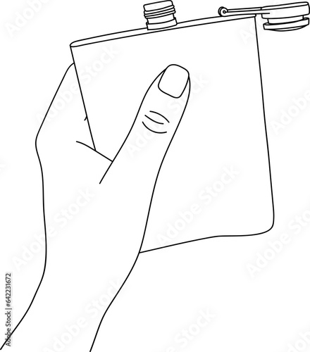 Flask bottle in hand line art vector illustration