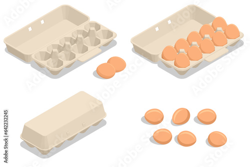 Isometric Chicken Egg Packaging. Eggs in a cardboard box isolated on a background. Chicken egg is a main component of the human diet serving as a dietary source of protein, fat, and other nutrients.