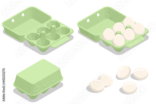 Isometric Chicken Egg Packaging. Eggs in a cardboard box isolated on a background. Chicken egg is a main component of the human diet serving as a dietary source of protein, fat, and other nutrients.