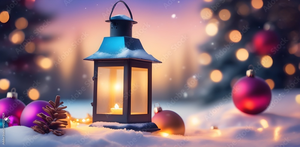 A lantern sitting on top of a snow covered ground. Snowy winter day. Holiday concept