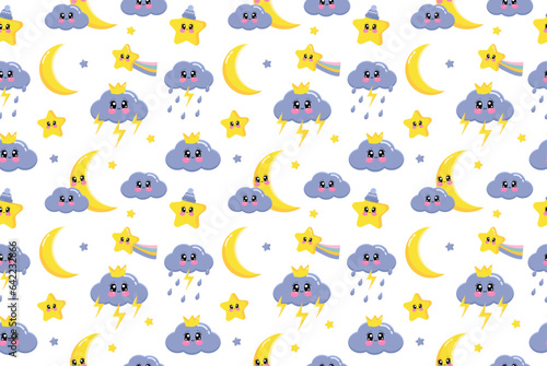 Seamless pattern of cute kawaii sun, moon, cloud,  clouds, stars on white background. Vector illustration of weather elements for kids. Design for nursery, for sleep, for fabrics
