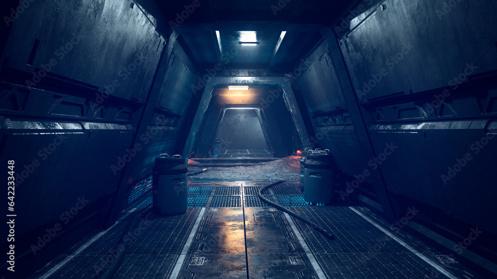 Fototapeta premium Dark science fiction tunnel in a fantasy alien planet outpost at night. 3D rendering.