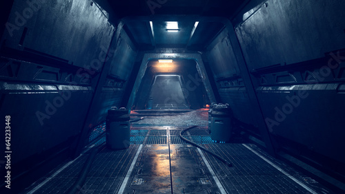 Fototapeta Naklejka Na Ścianę i Meble -  Dark science fiction tunnel in a fantasy alien planet outpost at night. 3D rendering.