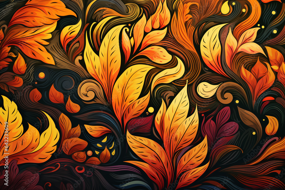 Autumn background with dense plant motifs in colors