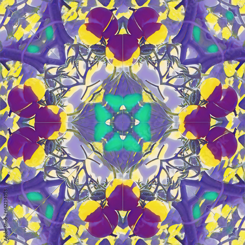 A kaleidscope floral pattern in blue and purple photo