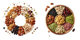 A mix of various nuts and dried fruits including almonds cashews pistachios and raisins presented on a transparent background