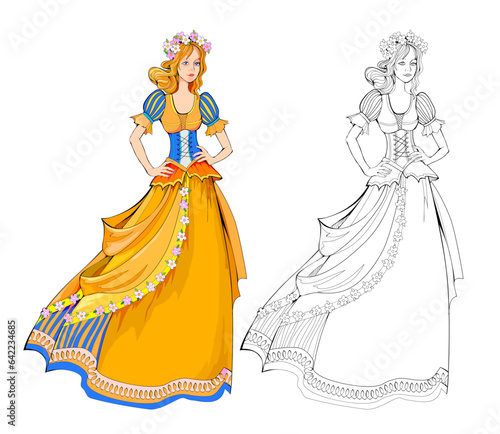 Colorful and black and white page for kids coloring book. Fantasy drawing of beautiful fairyland princess in fashionable golden dress. Worksheet for children and adults. Flat cartoon vector.