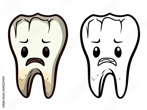 Sad decayed tooth cartoon vector illustration, unhealthy bad tooth colored black white stock vector image