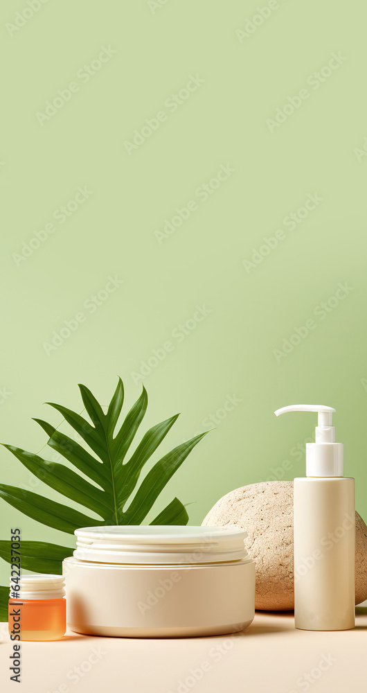 Cosmetic cream and lotion bottle with tropical leaf on green background. Set of cosmetic products mock up on green background without labels.