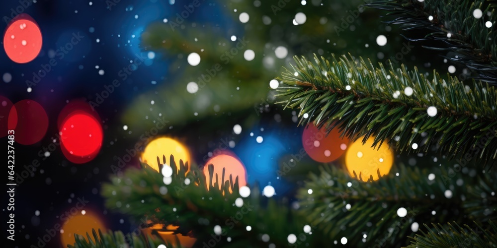 Christmas tree branch with bright glowing lights defocused blurred effect bokeh. Christmas fir and pine tree branches Christmas tree branch with bright glowing lights defocused blurred effect bokeh. Christmas fir and pine tree branches