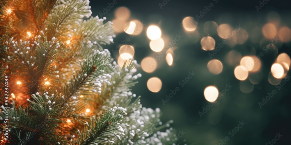 Christmas tree branch with bright glowing lights defocused blurred effect bokeh. Christmas fir and pine tree branches Christmas tree branch with bright glowing lights defocused blurred effect bokeh. Christmas fir and pine tree branches