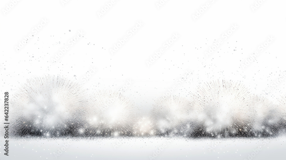 Christmas composition. Frame made of snowflakes on gray background. Fireworks and snowflakes on white background. Silver and white fireworks and bokeh on New Years Eve and copy space.