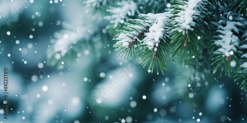 Christmas tree branch with white snow. Christmas fir and pine tree branches covered with snow. background of snow and blurred effect. Gently falling snow flakes against blue © megavectors