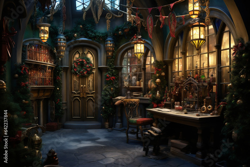Santa s Workshop in an Enchanting Winter Setting with Fantastical Architecture  Generative AI