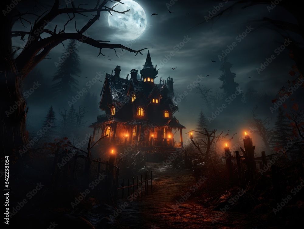A spooky haunted house with eerie fog swirling around it, illuminated by the eerie glow of jack-o'-lanterns, creating a classic Halloween scene. Generative Ai