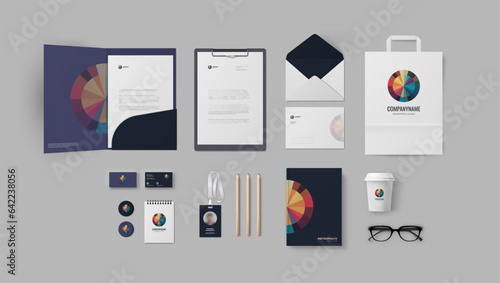 Logo and corporate style template, circle colorful sign with many segments, rainbow colors, dark background. Folder A4, letter, business cards and envelope mockup