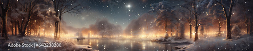 Winter Scene with Magical Lighting and Sparkling Snowflakes, Generative AI
