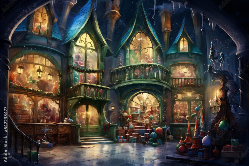 Watercolor Painting, Santa's Workshop in an Enchanting Winter Setting with Fantastical Architecture, Generative AI