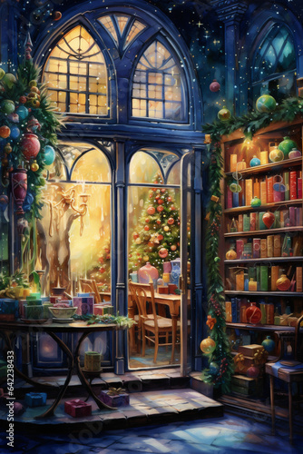 Watercolor Painting, Santa's Workshop in an Enchanting Winter Setting with Fantastical Architecture, Generative AI