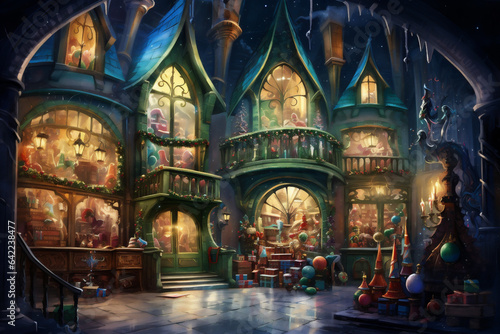 Watercolor Painting, Santa's Workshop in an Enchanting Winter Setting with Fantastical Architecture, Generative AI © HRTNT Media