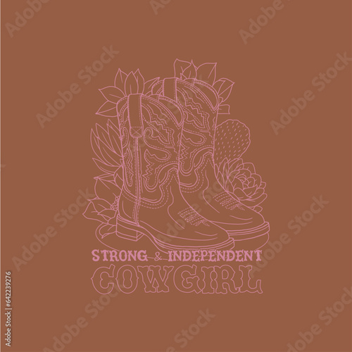 HAND DRAWN COWBOY COWGIRL WESTERN WILD WEST DESERT BOOTS AMERICAN FLOWER FLORAL CACTUS VINTAGE SKETCH CUTE GIRLY WOMAN GIRL POWER FEMINIST FEMINISM TSHIRT TEE PRINT FOR APPAREL MERCHANDISE