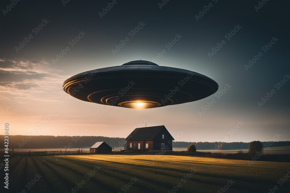 UFO flying over wheat field. UFO flying over wheat field.