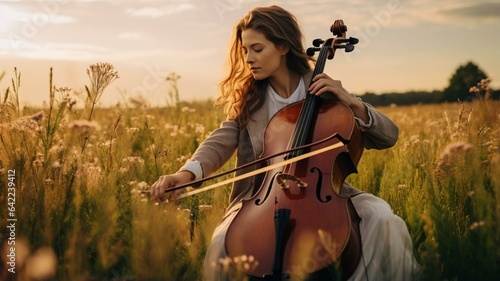 woman playing cello in a field photo