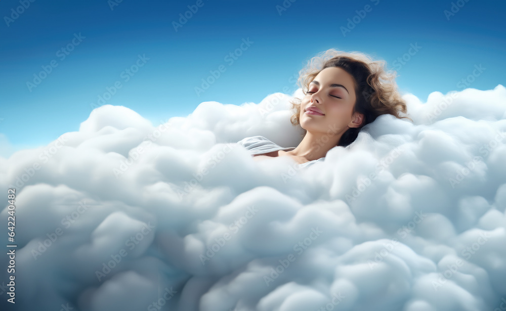 A young woman sleeping on a cloud, feeling comfortable