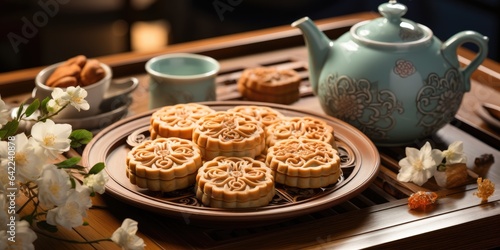 Moon cakes at mid autumn festival. Background food and drink tea and Mooncakes