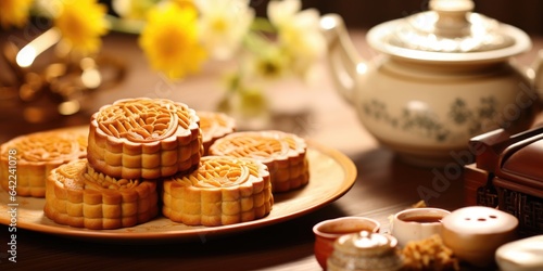 Moon cakes at mid autumn festival. Background food and drink tea and Mooncakes