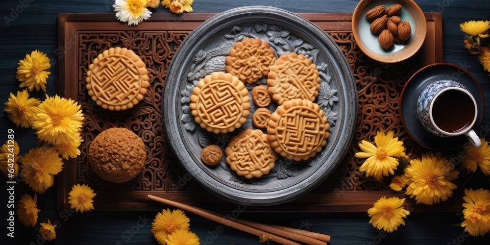 Moon cakes at mid autumn festival. Background food and drink tea and Mooncakes Moon cakes at mid autumn festival. Background food and drink tea and Mooncakes