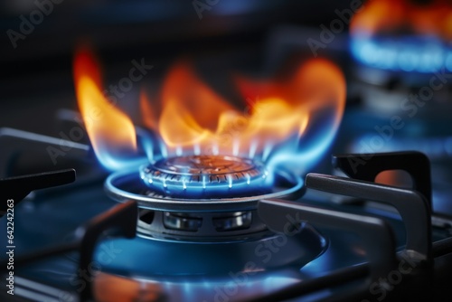 Intense Heat on Kitchen Appliance, Close-up of Flame on Gas Stove. Background