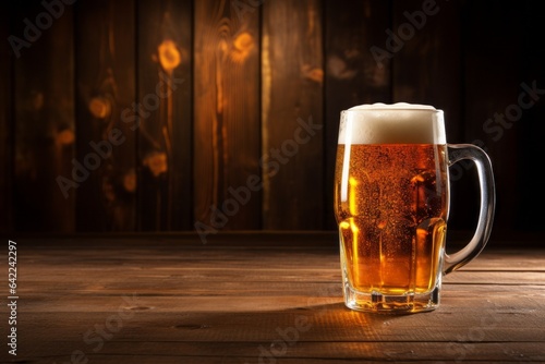 Appetizing delicious golden beer at oktoberfest beer festival. Background with selective focus