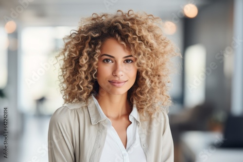 A woman in a bright home interior. Portrait with selective focus and copy space