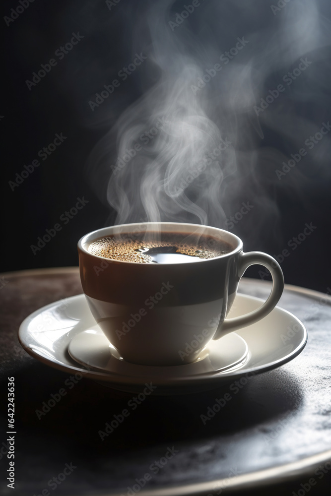 Cup of steaming coffee on a table in the sun Cup of steaming coffee on a table in the sun