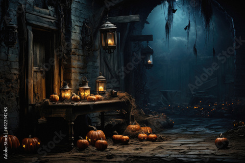 Halloween spooky background, scary pumpkins with smoke in old big creepy Happy Haloween ghosts horror house inside big empty foggy room. Creepy october dark smoky mysterious night backdrop concept.