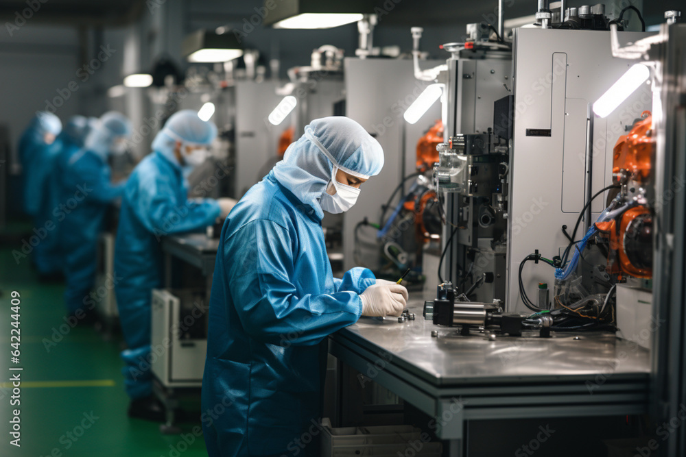 Factory workers in protective suits working on production lines in modern factories. Factory workers in protective suits working on production lines in modern factories.