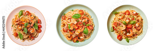 Stir fried pasta with grilled seafood and tomatoes on a transparent background