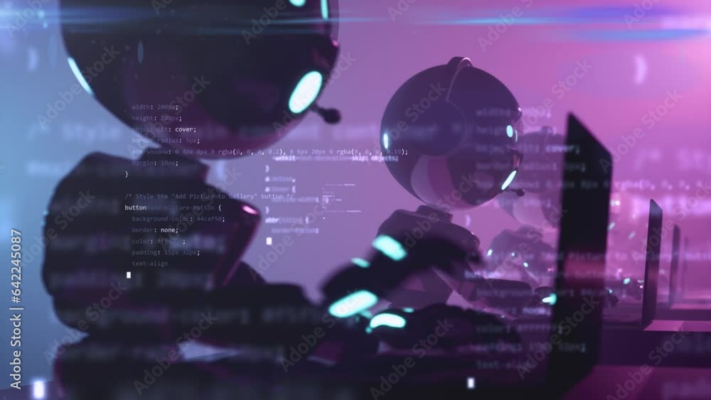  cute robots chat bots sitting and writing code on laptop. Working programming software code language. artificial intelligence web coding or template