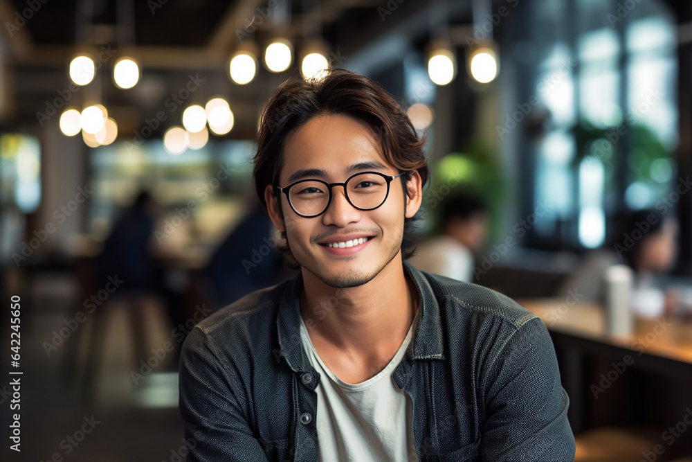 Handsome man with a happy face sitting and smiling with a confident smile showing teeth. Portrait of young man smiling. Young Asian man sitting at coffee shop. Generative AI. Handsome man with a happy face sitting and smiling with a confident smile showing teeth. Portrait of young man smiling. Young Asian man sitting at coffee shop. Generative AI.