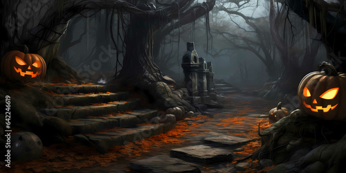 a mysterious alley with a mysterious atmosphere in the forest, with halloween pumpkins, horror, scary, frightening photo