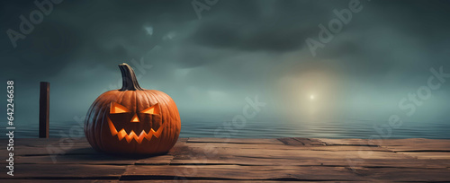 a halloween pumpkin in front of a foggy and mysterious background, fear, horror, scary